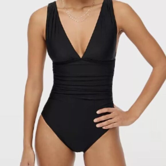 J. Crew V-Neck Ruched One-Piece Swimsuit Bathing Suit Small Medium Large Black - Picture 1 of 13